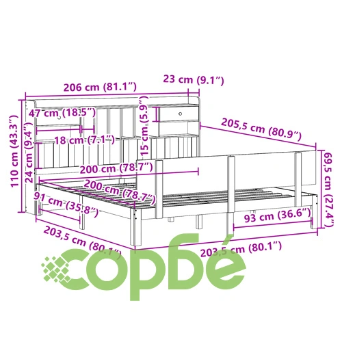 Масивно дървено легло с етажерка за книги, бор, 200x200 см, без матрак ➤ топ цена ➤ sorbe.bg