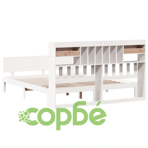 Масивно дървено легло с етажерка за книги, бор, 200x200 см, без матрак ➤ топ цена ➤ sorbe.bg