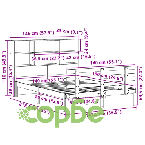 Легло от масивен бор с етажерка за книги, 140x190 см, без матрак ➤ топ цена ➤ sorbe.bg