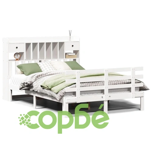 Легло от масивен бор с етажерка за книги, 140x190 см, бяло ➤ топ цена ➤ sorbe.bg