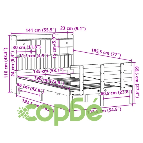 Легло от масив бор с етажерка за книги, 135x190 см, восъчнокафяв цвят ➤ топ цена ➤ sorbe.bg
