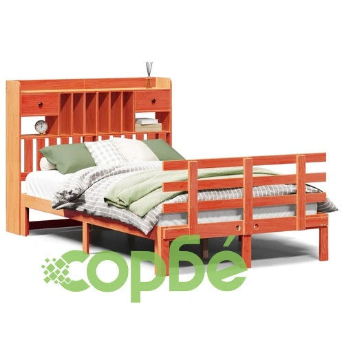 Легло от масив бор с етажерка за книги, 135x190 см, восъчнокафяв цвят ➤ топ цена ➤ sorbe.bg