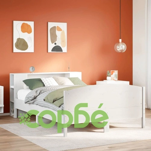 Легло от масивен бор с етажерка за книги, 120x190 см, бяло ➤ топ цена ➤ sorbe.bg