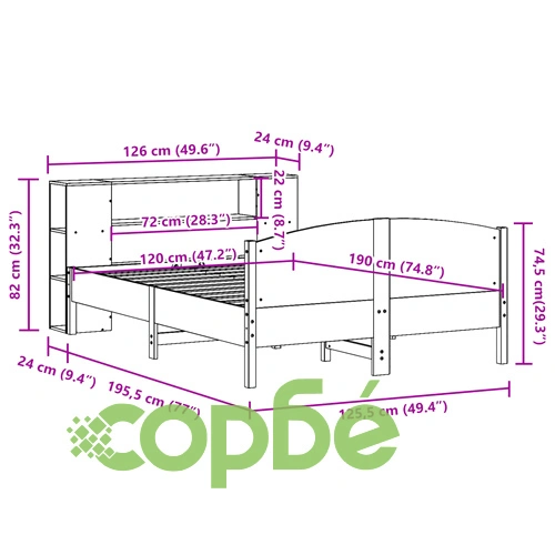 Легло от масивен бор с етажерка за книги, 120x190 см, бяло ➤ топ цена ➤ sorbe.bg
