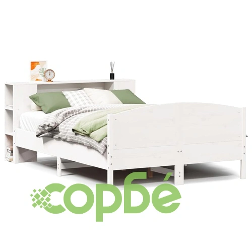 Легло от масивен бор с етажерка за книги, 120x190 см, бяло ➤ топ цена ➤ sorbe.bg