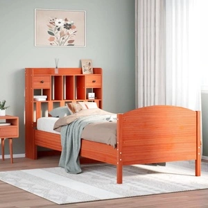 Легло с етажерка за книги от масив бор, 90x190 см, восъчнокафяво