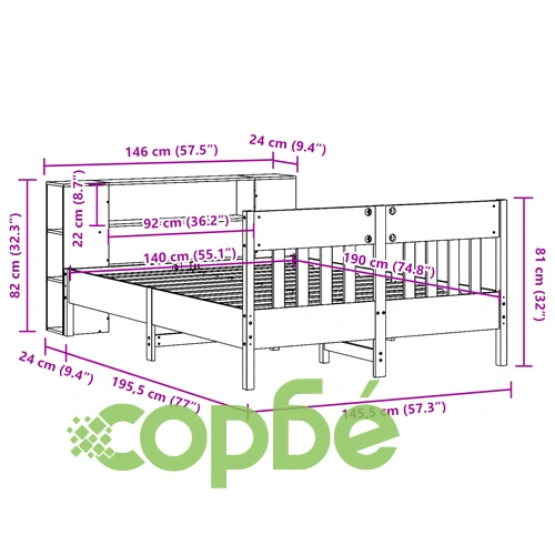 Легло с етажерка за книги от масивна борова дървесина, 140x190 см, без матрак ➤ топ цена ➤ sorbe.bg
