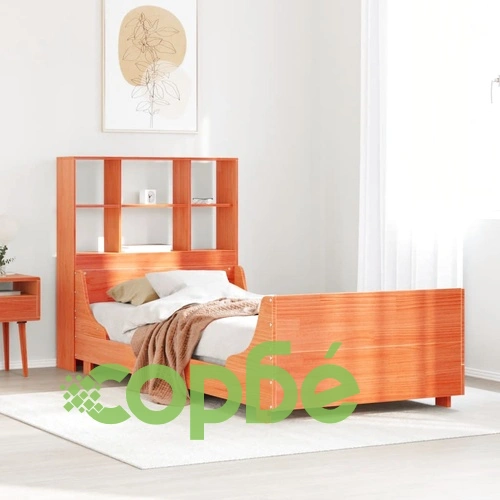 Единично легло от масивна борова дървесина с етажерка за книги, 75x190 см, восъчнокафяво ➤ топ цена ➤ sorbe.bg