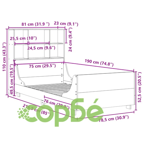 Единично легло от масивна борова дървесина с етажерка за книги, 75x190 см, восъчнокафяво ➤ топ цена ➤ sorbe.bg