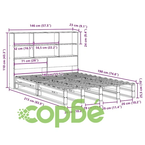 Дървено легло с етажерка за книги от масивна бор, 140x190 см, без матрак ➤ топ цена ➤ sorbe.bg