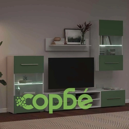 Модерен комплект от 5 части за телевизор с LED осветление - маслиненозелено инженерно дърво ➤ топ цена ➤ sorbe.bg