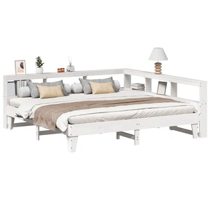 Легло от масив бор с етажерка за книги, 180x200 см, бяло, без матрак