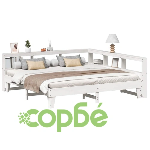 Легло от масив бор с етажерка за книги, 180x200 см, бяло, без матрак ➤ топ цена ➤ sorbe.bg