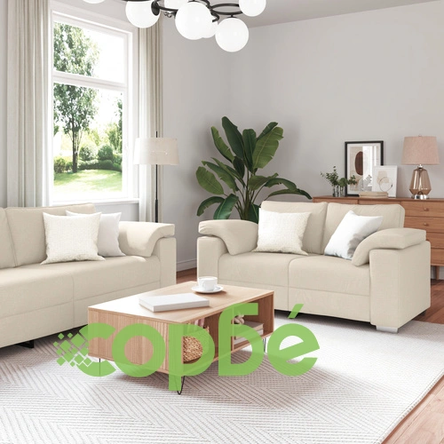 Триместен диван от лен с възглавници и дървени подлакътници - 219 см ➤ топ цена ➤ sorbe.bg