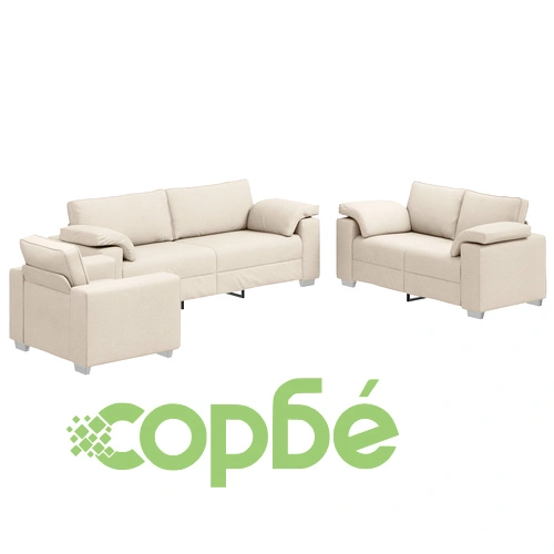 Триместен диван от лен с възглавници и дървени подлакътници - 219 см ➤ топ цена ➤ sorbe.bg