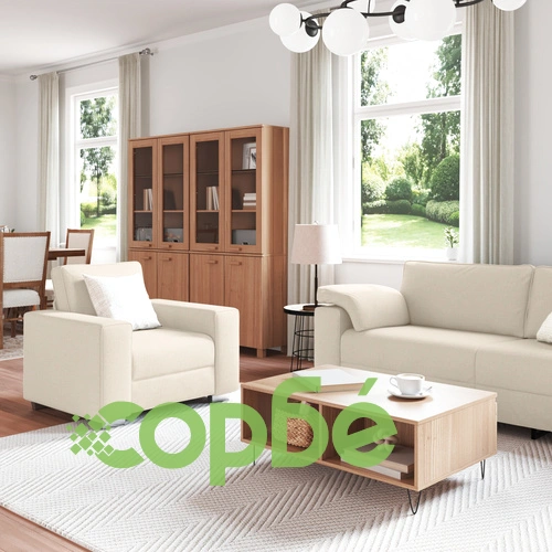 Триместен диван от лен с възглавници и дървени подлакътници - 219 см ➤ топ цена ➤ sorbe.bg