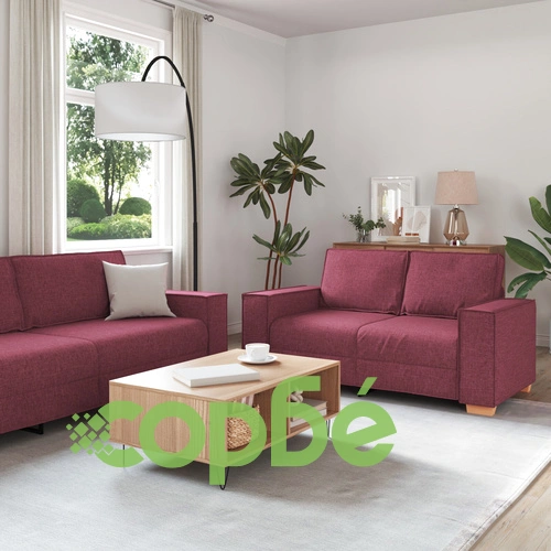 Модерен комплект канапета от 3 части с възглавници - виненочервен текстил, полиестер ➤ топ цена ➤ sorbe.bg