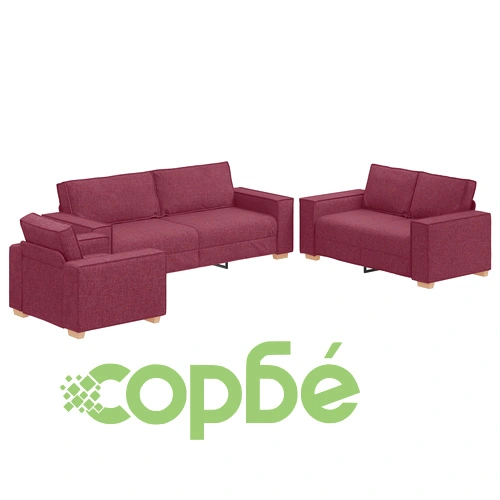 Модерен комплект канапета от 3 части с възглавници - виненочервен текстил, полиестер ➤ топ цена ➤ sorbe.bg