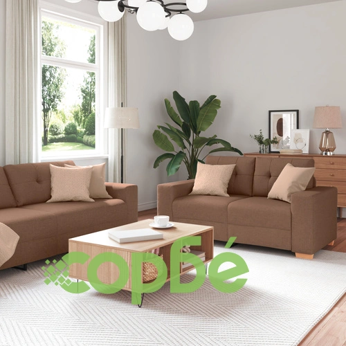 Комплект диван от 3 части с кафяви възглавници от висококачествен памучен плат и естествено дърво ➤ топ цена ➤ sorbe.bg