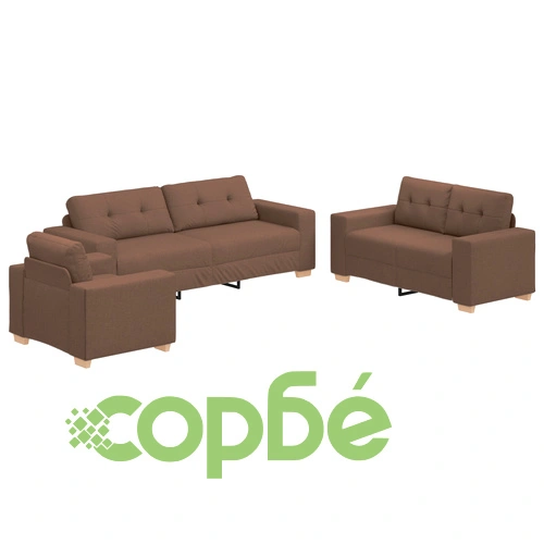 Комплект диван от 3 части с кафяви възглавници от висококачествен памучен плат и естествено дърво ➤ топ цена ➤ sorbe.bg