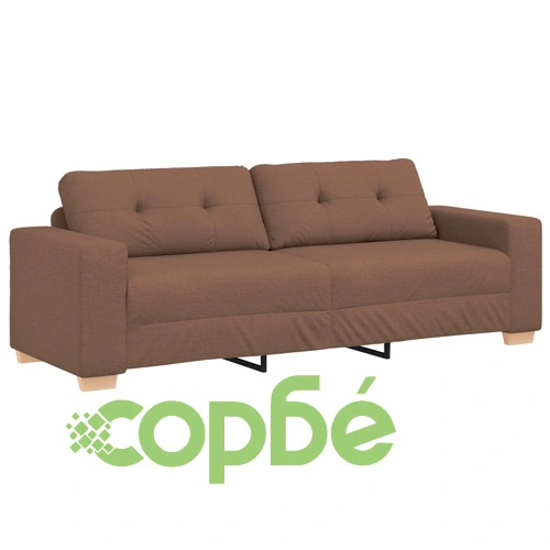 Комплект диван от 3 части с кафяви възглавници от висококачествен памучен плат и естествено дърво ➤ топ цена ➤ sorbe.bg