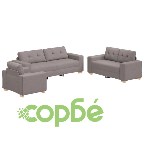 Комплект дивани от 3 части с възглавници в цвят таупе, полиестерен текстил ➤ топ цена ➤ sorbe.bg