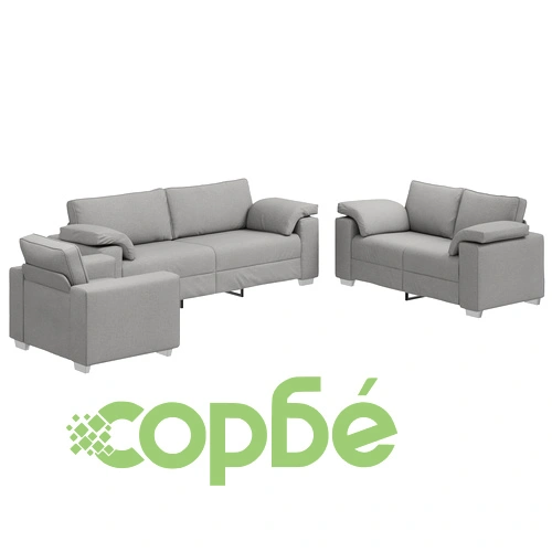 Комплект метален диван от 3 части с възглавници, облачно сив текстил ➤ топ цена ➤ sorbe.bg