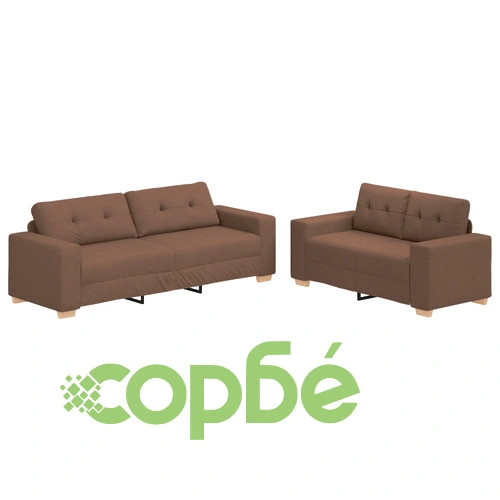 Комплект от 2 дивана с възглавници - двуместен диван и фотьойл с кафява текстилна тапицерия ➤ топ цена ➤ sorbe.bg