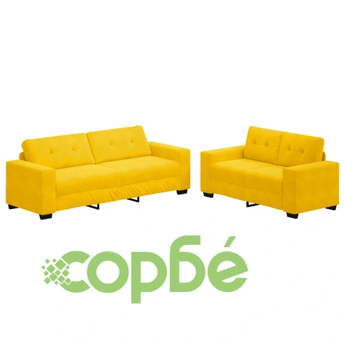 Комплект от 2 части - Жълт Диван и Двуместен Диван с Полиестерна Тапицерия и Дървена Рамка ➤ топ цена ➤ sorbe.bg