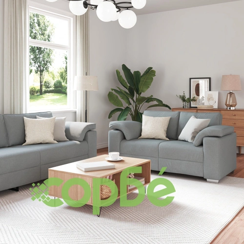 Комплект от 2 дивана с възглавници - двуместен и триместен в светло сиво, текстилна тапицерия ➤ топ цена ➤ sorbe.bg