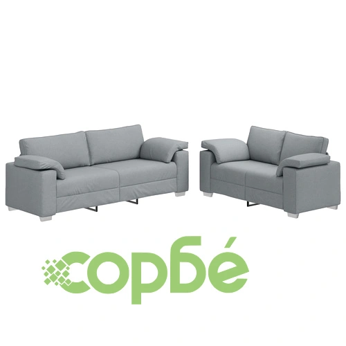 Комплект от 2 дивана с възглавници - двуместен и триместен в светло сиво, текстилна тапицерия ➤ топ цена ➤ sorbe.bg