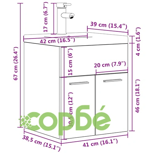 Шкаф за мивка за баня с вградена керамична мивка и смесител, Бетон сив, 41x38,5x46 см ➤ топ цена ➤ sorbe.bg