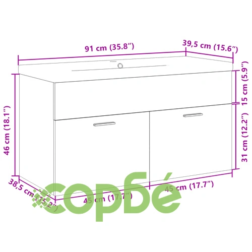 Шкаф за баня с вградена керамична мивка 90см, сонома дъб ➤ топ цена ➤ sorbe.bg