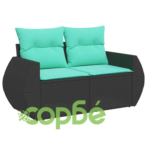 Градински диван от полиратан с възглавници, 6 части, черен ➤ топ цена ➤ sorbe.bg