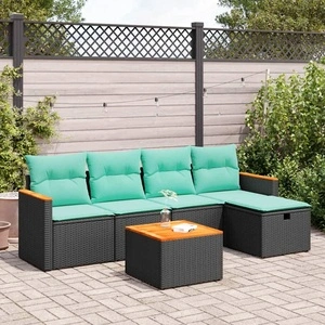 Комплект градински мебели от полиратан с възглавници, 6 части, черен