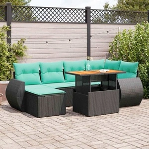 Градински комплект диван от полиратан с възглавници, 7 части, черен