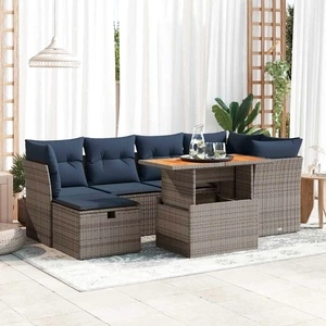 Градински комплект диван от черен полиратан със 7 части и възглавници