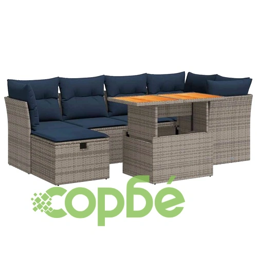 Градински комплект диван от черен полиратан със 7 части и възглавници ➤ топ цена ➤ sorbe.bg