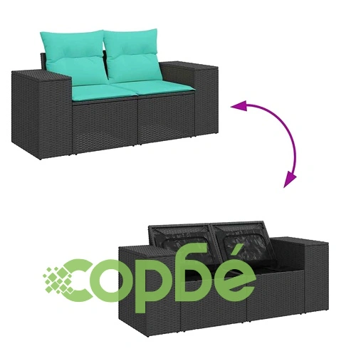 Градински комплект диван с възглавници, 9 части, PE ратан и акациево дърво, черен ➤ топ цена ➤ sorbe.bg