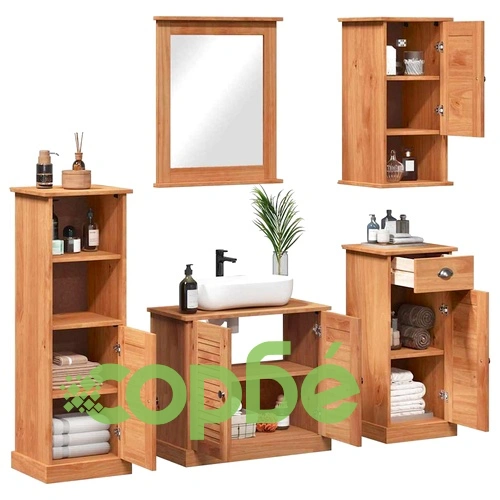Комплект мебели за баня VIGO 5 части от масивен бор 37x34x110 см меденокафяво ➤ топ цена ➤ sorbe.bg