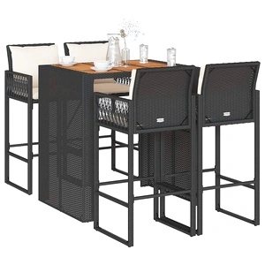 Луксозен градински бар комплект с 4 табуретки и възглавници - черен полиратан и акация