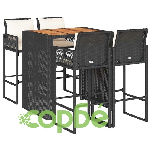 Луксозен градински бар комплект с 4 табуретки и възглавници - черен полиратан и акация ➤ топ цена ➤ sorbe.bg
