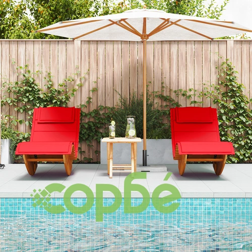 Комплект от 2 Сгъваеми Шезлонга от Натурално Дърво с Червен Текстил ➤ топ цена ➤ sorbe.bg