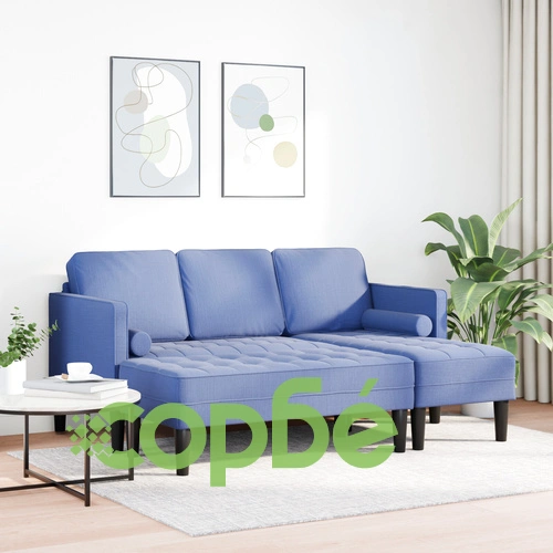 Модулен L-образен диван с пейка от син деним плат, 4 места ➤ топ цена ➤ sorbe.bg
