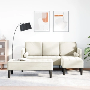 Градински L-образен диван с пейка от кремов велур - 173x131x67 см, с възглавници