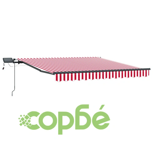 Ръчен прибиращ се сенник с LED осветление, червено-бял, 300x250 см, полиестер ➤ топ цена ➤ sorbe.bg