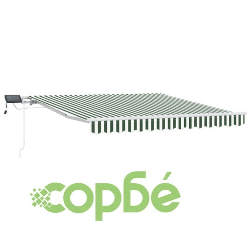 Ръчен прибираем сенник с LED осветление, зелено-бял, 300x250 см, с резервна тъкан ➤ топ цена ➤ sorbe.bg