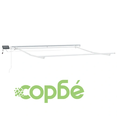 Ръчен прибираем сенник с LED осветление, зелено-бял, 300x250 см, с резервна тъкан ➤ топ цена ➤ sorbe.bg