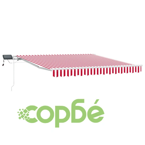 Ръчно прибиран сенник с LED осветление, червено-бял райе, алуминиева рамка, 350x250 см ➤ топ цена ➤ sorbe.bg