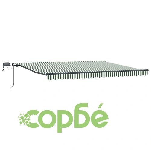 Ръчен прибираем сенник с LED осветление, зелено-бяло райе, 400x300 см, полиестер ➤ топ цена ➤ sorbe.bg
